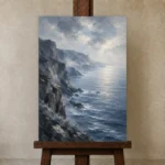 Coastal Cliffs Blue Sea Wall Art Canvas Print displayed on a studio easel