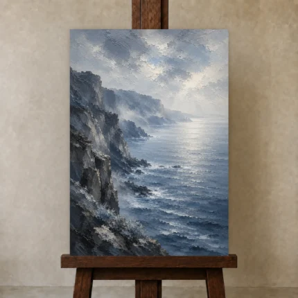 Coastal Cliffs Blue Sea Wall Art Canvas Print shown in Studio Easel