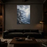 Coastal Cliffs Blue Sea Wall Art Canvas Print shown in a warm modern interior