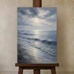 Tranquil Blue Shoreline Sea Wall Art Canvas Print displayed on a studio easel