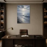 Tranquil Blue Shoreline Sea Wall Art Canvas Print displayed in a contemporary gallery-inspired room