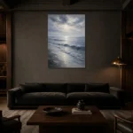 Tranquil Blue Shoreline Sea Wall Art Canvas Print shown in a warm modern interior