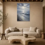 Tranquil Blue Shoreline Sea Wall Art Canvas Print presented in a sophisticated home setting