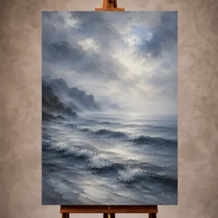 Misty blue Sea Wall Art print featuring gentle ocean swells fading into atmospheric fog for sophisticated coastal interiors