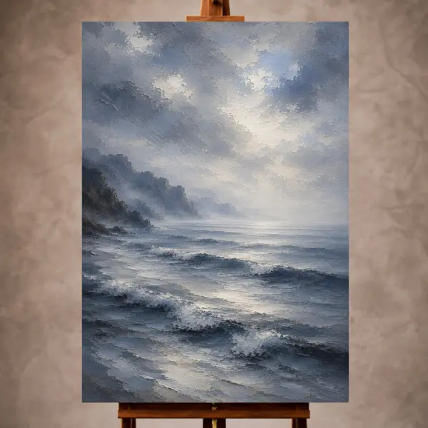 Premium Wall Art Dikey Html Edition – SEAWALL070 Image 1 Misty blue Sea Wall Art print featuring gentle ocean swells fading into atmospheric fog for sophisticated coastal interiors