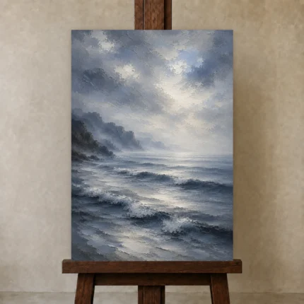 Misty Blue Seascape Sea Wall Art Canvas Print shown in Studio Easel