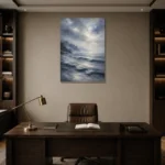 Misty Blue Seascape Sea Wall Art Canvas Print displayed in a contemporary gallery-inspired room