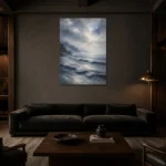 Misty Blue Seascape Sea Wall Art Canvas Print shown in a warm modern interior