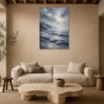 Misty Blue Seascape Sea Wall Art Canvas Print presented in a sophisticated home setting