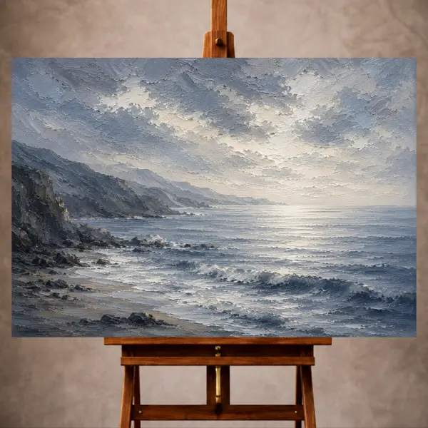 Premium Wall Art Yatay Html Edition – SEAWALL071 Image 1 Panoramic blue Sea Wall Art print featuring gentle coastal waves, layered slate clouds, and a luminous ivory horizon for elegant interiors