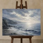 Panoramic Blue Seascape Sea Wall Art Canvas Print displayed on a studio easel