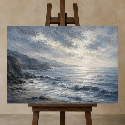 Panoramic Blue Seascape Sea Wall Art Canvas Print displayed on a studio easel