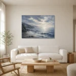 Panoramic Blue Seascape Sea Wall Art Canvas Print styled in a refined neutral interior