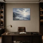 Panoramic Blue Seascape Sea Wall Art Canvas Print displayed in a contemporary gallery-inspired room