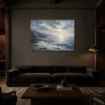 Panoramic Blue Seascape Sea Wall Art Canvas Print shown in a warm modern interior