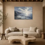 Panoramic Blue Seascape Sea Wall Art Canvas Print presented in a sophisticated home setting