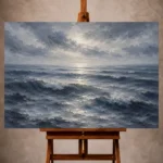 Silver blue Sea Wall Art print featuring broad ocean swells with delicate reflections beneath a serene overcast sky for elegant interiors