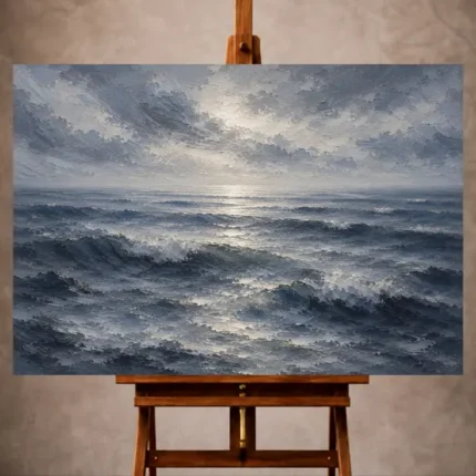Silver blue Sea Wall Art print featuring broad ocean swells with delicate reflections beneath a serene overcast sky for elegant interiors