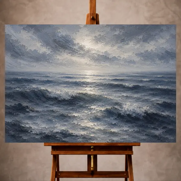 Premium Wall Art Yatay Html Edition – SEAWALL072 Image 1 Silver blue Sea Wall Art print featuring broad ocean swells with delicate reflections beneath a serene overcast sky for elegant interiors