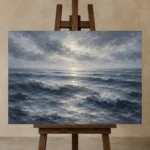 Silver Blue Seascape Sea Wall Art Canvas Print displayed on a studio easel