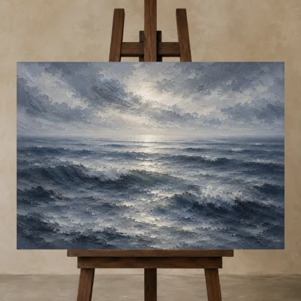 Silver Blue Seascape Sea Wall Art Canvas Print displayed on a studio easel
