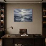 Silver Blue Seascape Sea Wall Art Canvas Print displayed in a contemporary gallery-inspired room