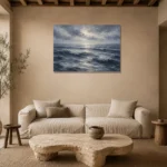 Silver Blue Seascape Sea Wall Art Canvas Print presented in a sophisticated home setting