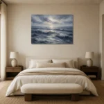 Silver Blue Seascape Sea Wall Art Canvas Print showcased in an elegant minimalist interior