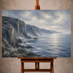 Slate blue Sea Wall Art print featuring elegant coastal cliffs, calm blue-gray sea, and soft morning mist for sophisticated interiors
