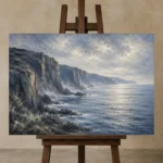 Slate Coastal Cliffs Sea Wall Art Canvas Print displayed on a studio easel
