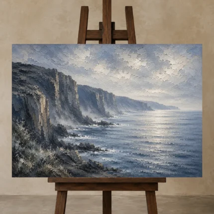 Slate Coastal Cliffs Sea Wall Art Canvas Print displayed on a studio easel