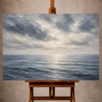 Tranquil blue Sea Wall Art print featuring a wide ocean, layered slate clouds, and an expansive ivory sky for elegant interiors