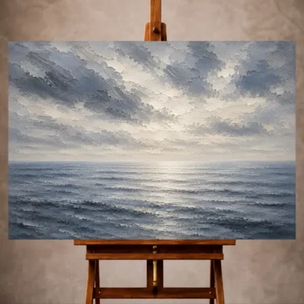 Tranquil blue Sea Wall Art print featuring a wide ocean, layered slate clouds, and an expansive ivory sky for elegant interiors