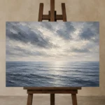 Tranquil Blue Horizon Sea Wall Art Canvas Print displayed on a studio easel