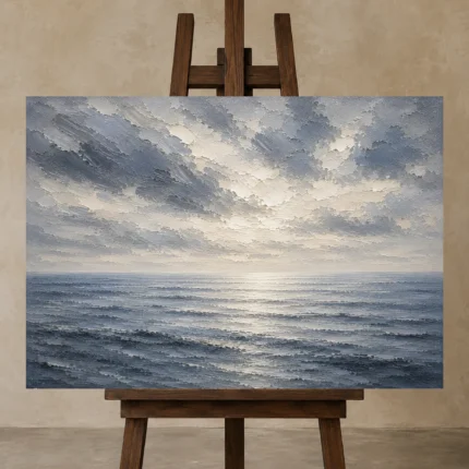 Tranquil Blue Horizon Sea Wall Art Canvas Print displayed on a studio easel