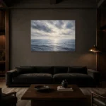 Tranquil Blue Horizon Sea Wall Art Canvas Print shown in a warm modern interior