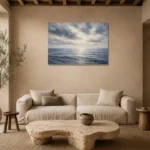 Tranquil Blue Horizon Sea Wall Art Canvas Print presented in a sophisticated home setting