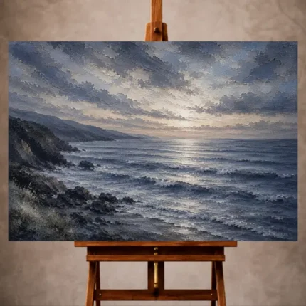 Dusk blue Sea Wall Art print featuring gentle ocean waves beneath a luminous slate horizon for sophisticated coastal interiors