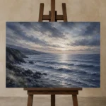 Dusk Blue Seascape Sea Wall Art Canvas Print displayed on a studio easel