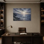 Dusk Blue Seascape Sea Wall Art Canvas Print displayed in a contemporary gallery-inspired room