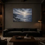 Dusk Blue Seascape Sea Wall Art Canvas Print shown in a warm modern interior