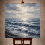 Serene blue Sea Wall Art print featuring gentle blue-gray waves beneath a luminous ivory sky for elegant coastal interiors
