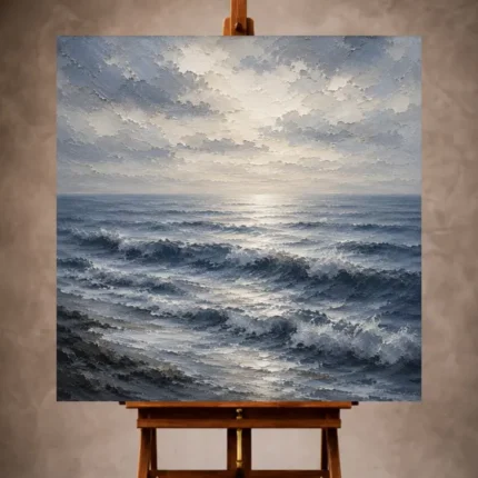 Serene blue Sea Wall Art print featuring gentle blue-gray waves beneath a luminous ivory sky for elegant coastal interiors