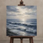 Serene Blue Horizon Sea Wall Art Canvas Print displayed on a studio easel