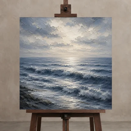 Serene Blue Horizon Sea Wall Art Canvas Print displayed on a studio easel