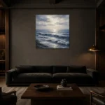 Serene Blue Horizon Sea Wall Art Canvas Print shown in a warm modern interior