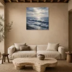 Serene Blue Horizon Sea Wall Art Canvas Print presented in a sophisticated home setting