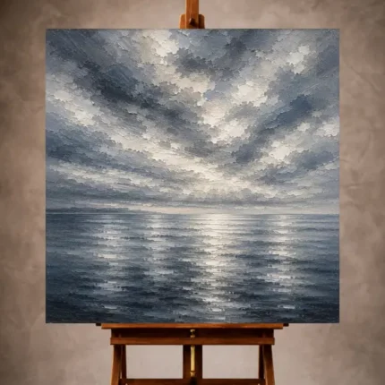 Reflective blue Sea Wall Art print featuring calm ocean waters mirroring layered slate clouds for elegant contemporary interiors