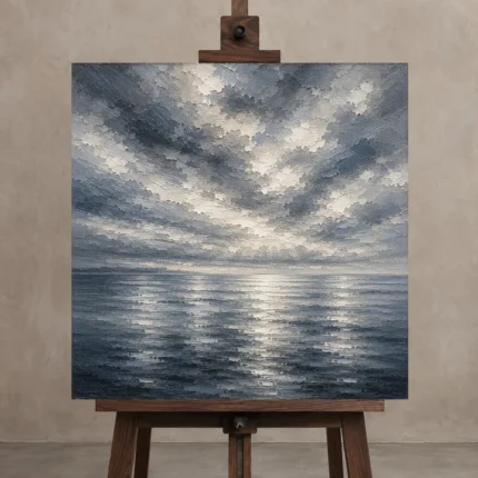 Reflective Blue Seascape Sea Wall Art Canvas Print displayed on a studio easel