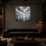 Reflective Blue Seascape Sea Wall Art Canvas Print shown in a warm modern interior